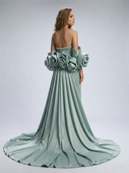 Pearl Embellished Light Green Prom Gown with 3D Rose Sleeves MY30180