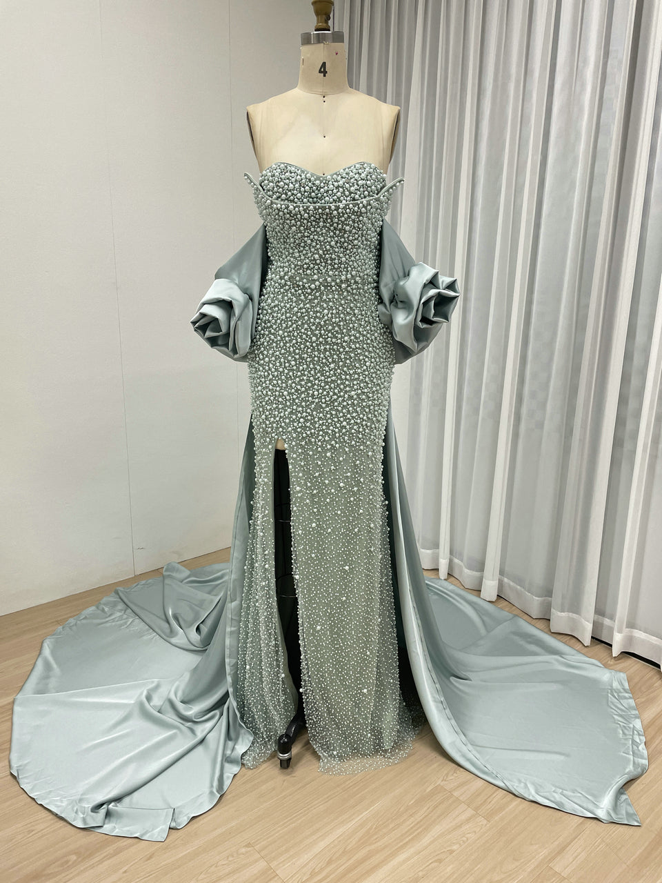 Pearl Embellished Light Green Prom Gown with 3D Rose Sleeves MY30180