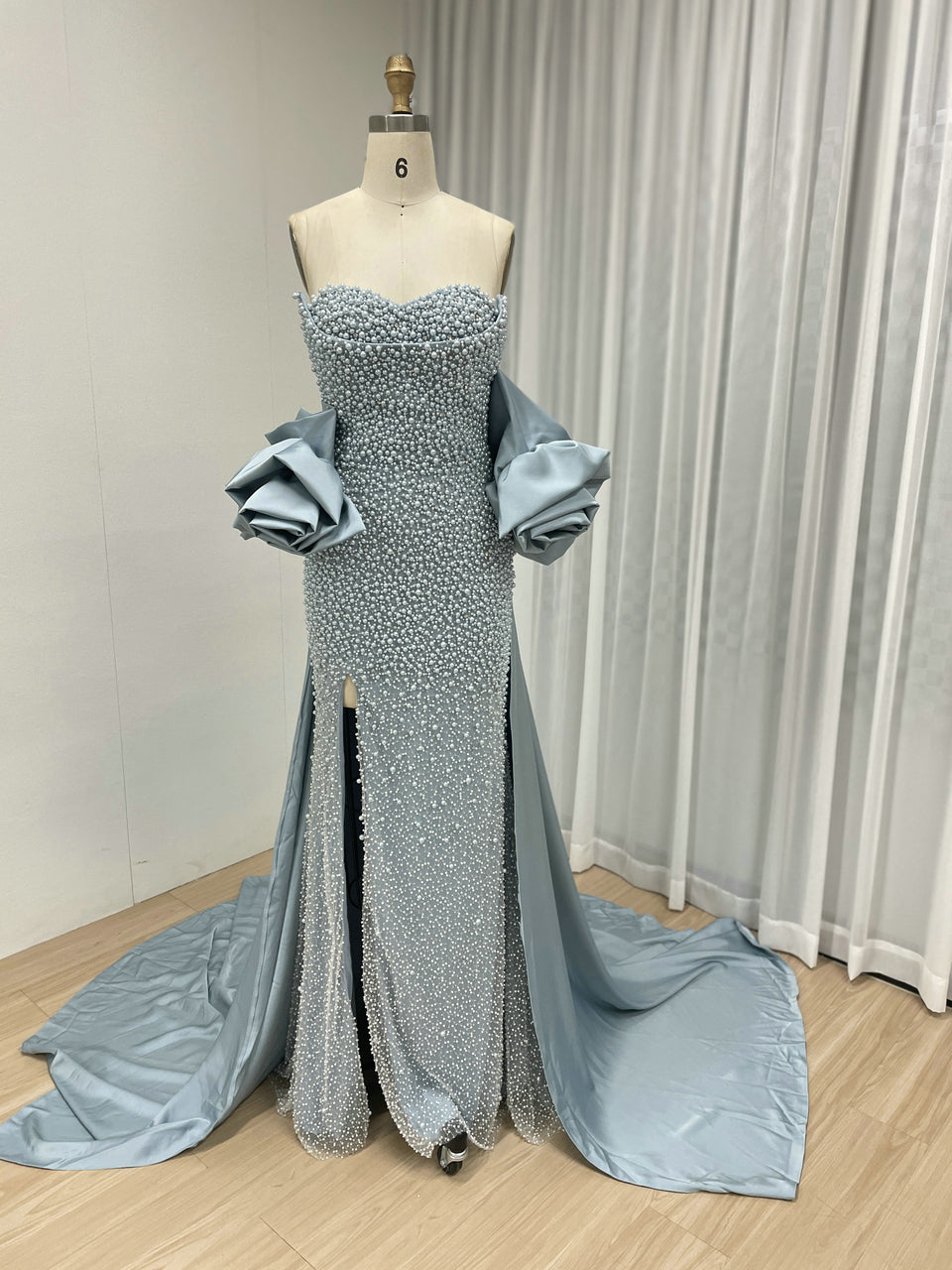 Pearl Embellished Light Green Prom Gown with 3D Rose Sleeves MY30180