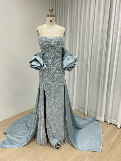 Pearl Embellished Light Green Prom Gown with 3D Rose Sleeves MY30180