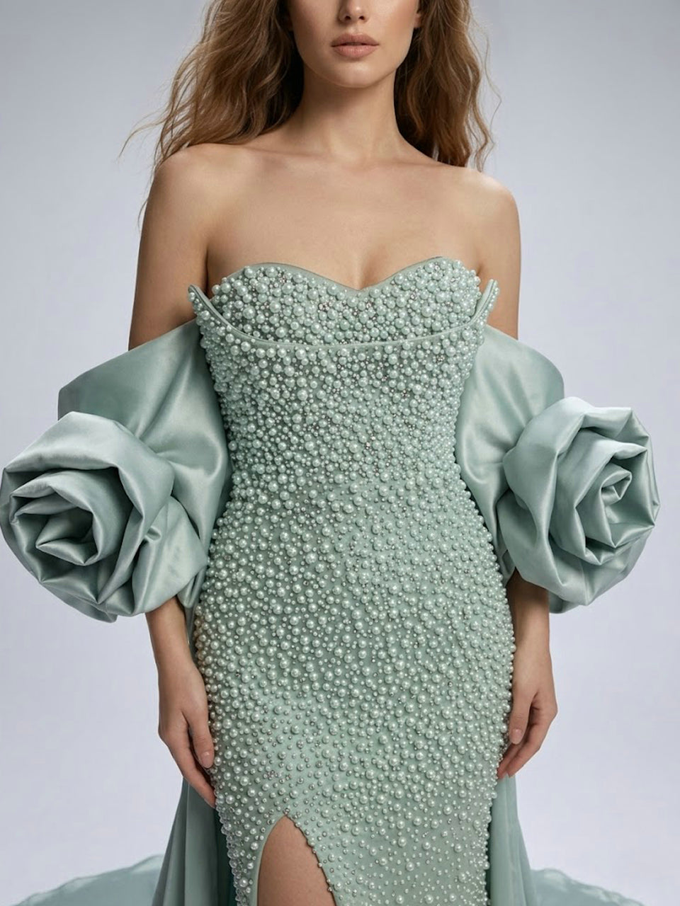 Pearl Embellished Light Green Prom Gown with 3D Rose Sleeves MY30180