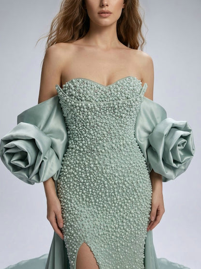 Pearl Embellished Light Green Prom Gown with 3D Rose Sleeves MY30180