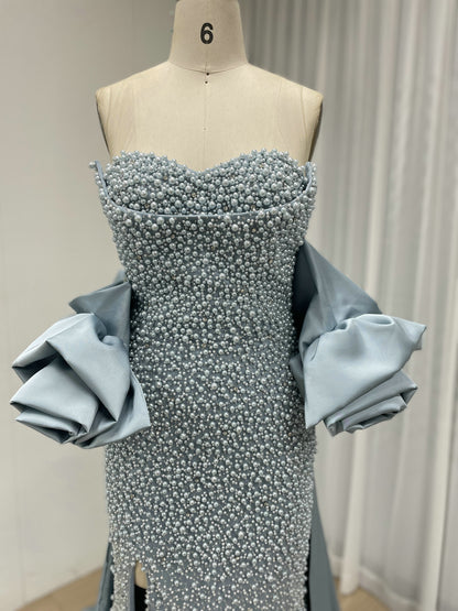 Pearl Embellished Light Green Prom Gown with 3D Rose Sleeves MY30180