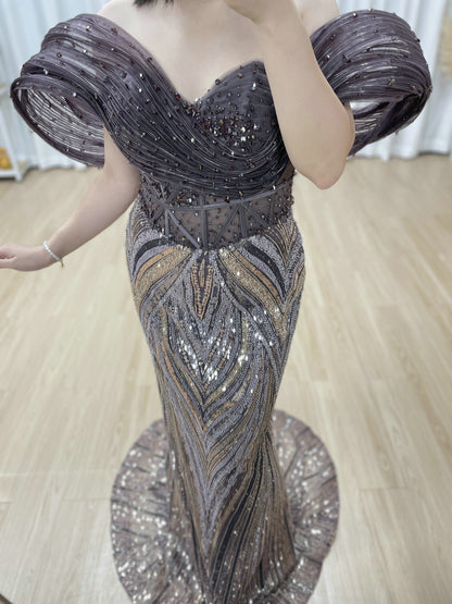 Purple Off-Shoulder Beaded Evening Gown with Dramatic Ruffle Slit for Galas MY30181