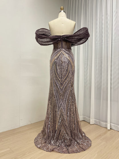 Purple Off-Shoulder Beaded Evening Gown with Dramatic Ruffle Slit for Galas MY30181
