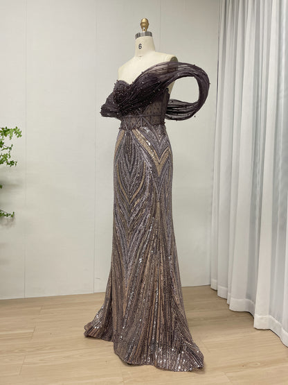 Purple Off-Shoulder Beaded Evening Gown with Dramatic Ruffle Slit for Galas MY30181