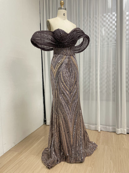 Purple Off-Shoulder Beaded Evening Gown with Dramatic Ruffle Slit for Galas MY30181
