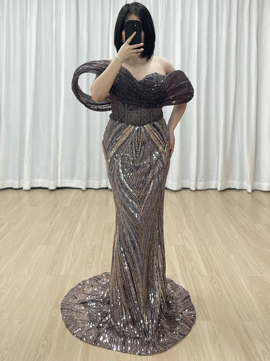 Purple Off-Shoulder Beaded Evening Gown with Dramatic Ruffle Slit for Galas MY30181