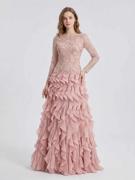 Formal Pink Beaded Gown - Tiered Ruffle Skirt & Long Sleeves - MY30182