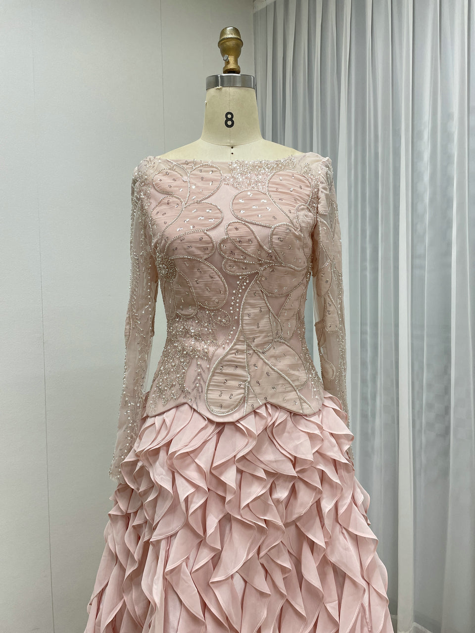 Formal Pink Beaded Gown - Tiered Ruffle Skirt & Long Sleeves - MY30182