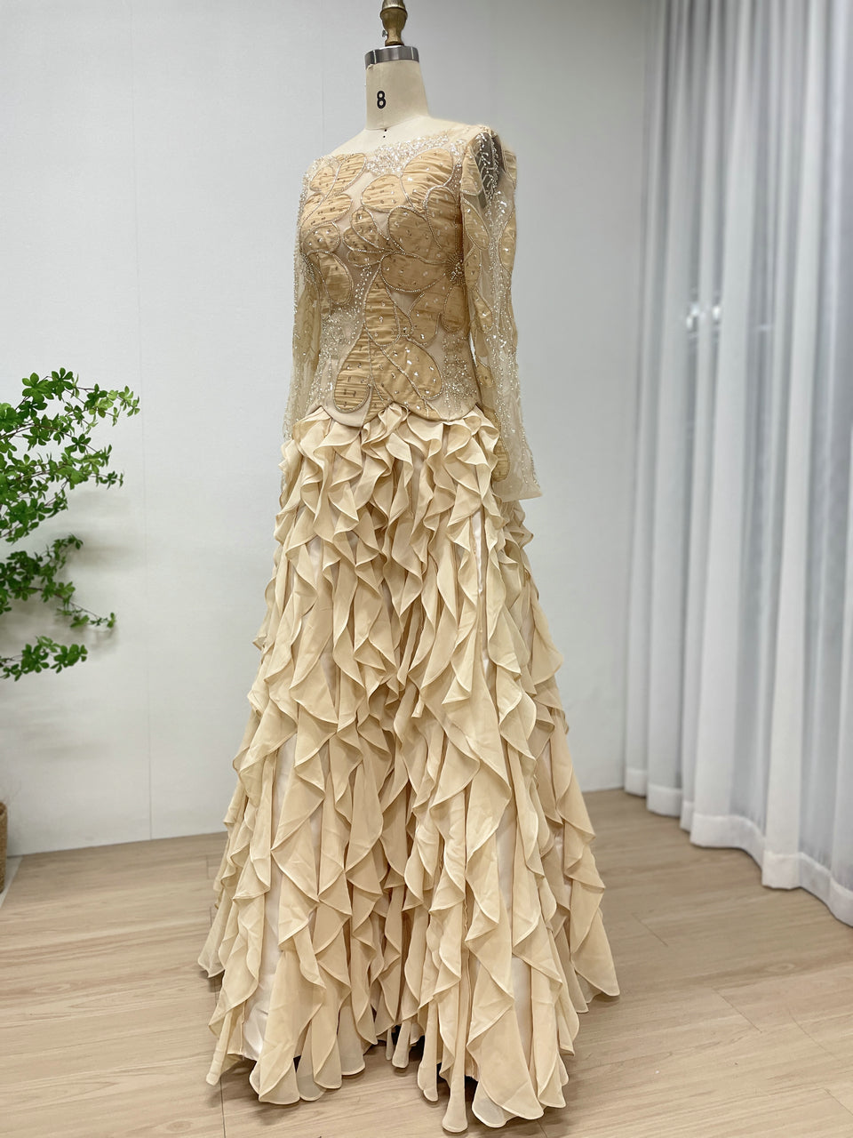 Formal Pink Beaded Gown - Tiered Ruffle Skirt & Long Sleeves - MY30182