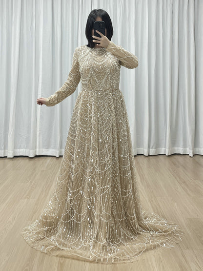 Modest Gold Sequin Pearl A-Line Prom Dress with Long Sleeves MY30183