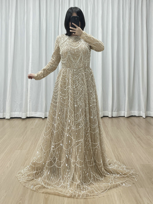 Modest Gold Sequin Pearl A-Line Prom Dress with Long Sleeves MY30183