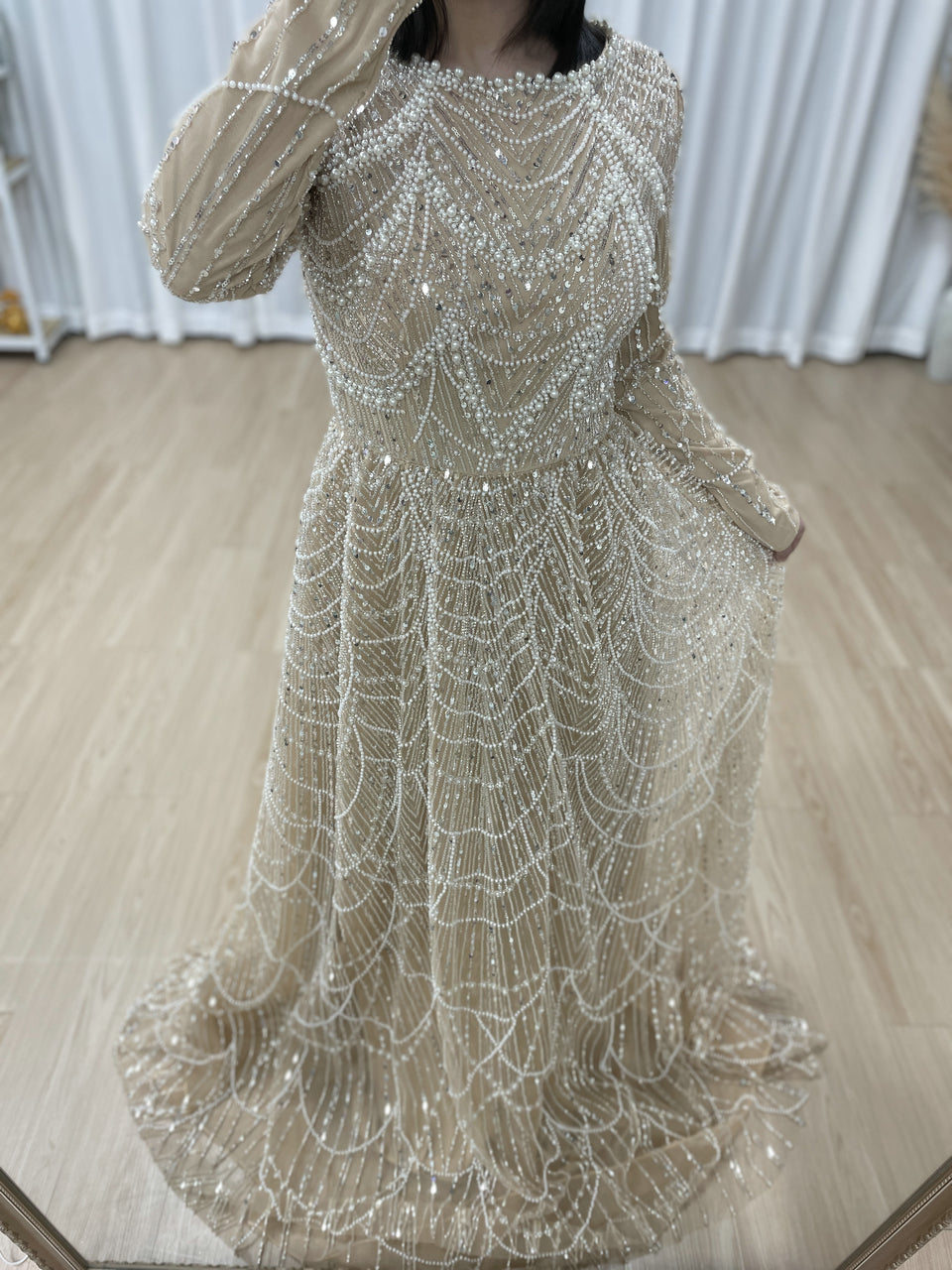Modest Gold Sequin Pearl A-Line Prom Dress with Long Sleeves MY30183