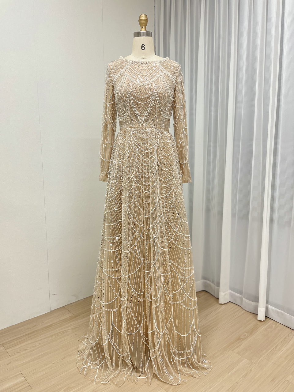 Modest Gold Sequin Pearl A-Line Prom Dress with Long Sleeves MY30183
