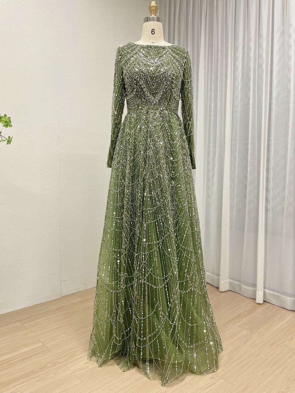 Modest Gold Sequin Pearl A-Line Prom Dress with Long Sleeves MY30183