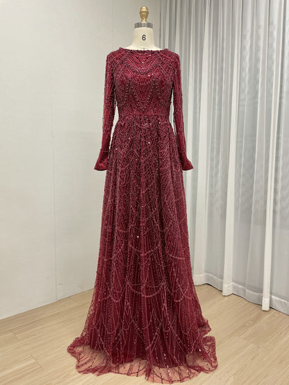 Modest Gold Sequin Pearl A-Line Prom Dress with Long Sleeves MY30183