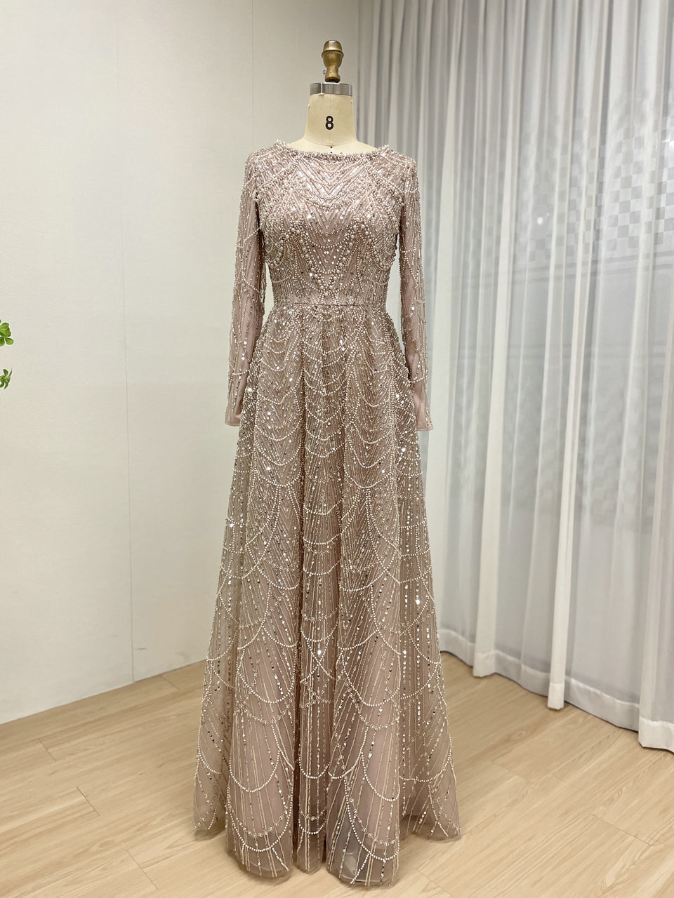 Modest Gold Sequin Pearl A-Line Prom Dress with Long Sleeves MY30183