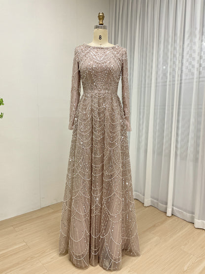 Modest Gold Sequin Pearl A-Line Prom Dress with Long Sleeves MY30183