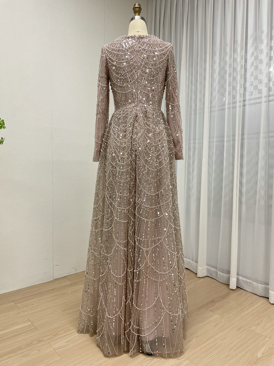 Modest Gold Sequin Pearl A-Line Prom Dress with Long Sleeves MY30183