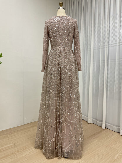 Modest Gold Sequin Pearl A-Line Prom Dress with Long Sleeves MY30183