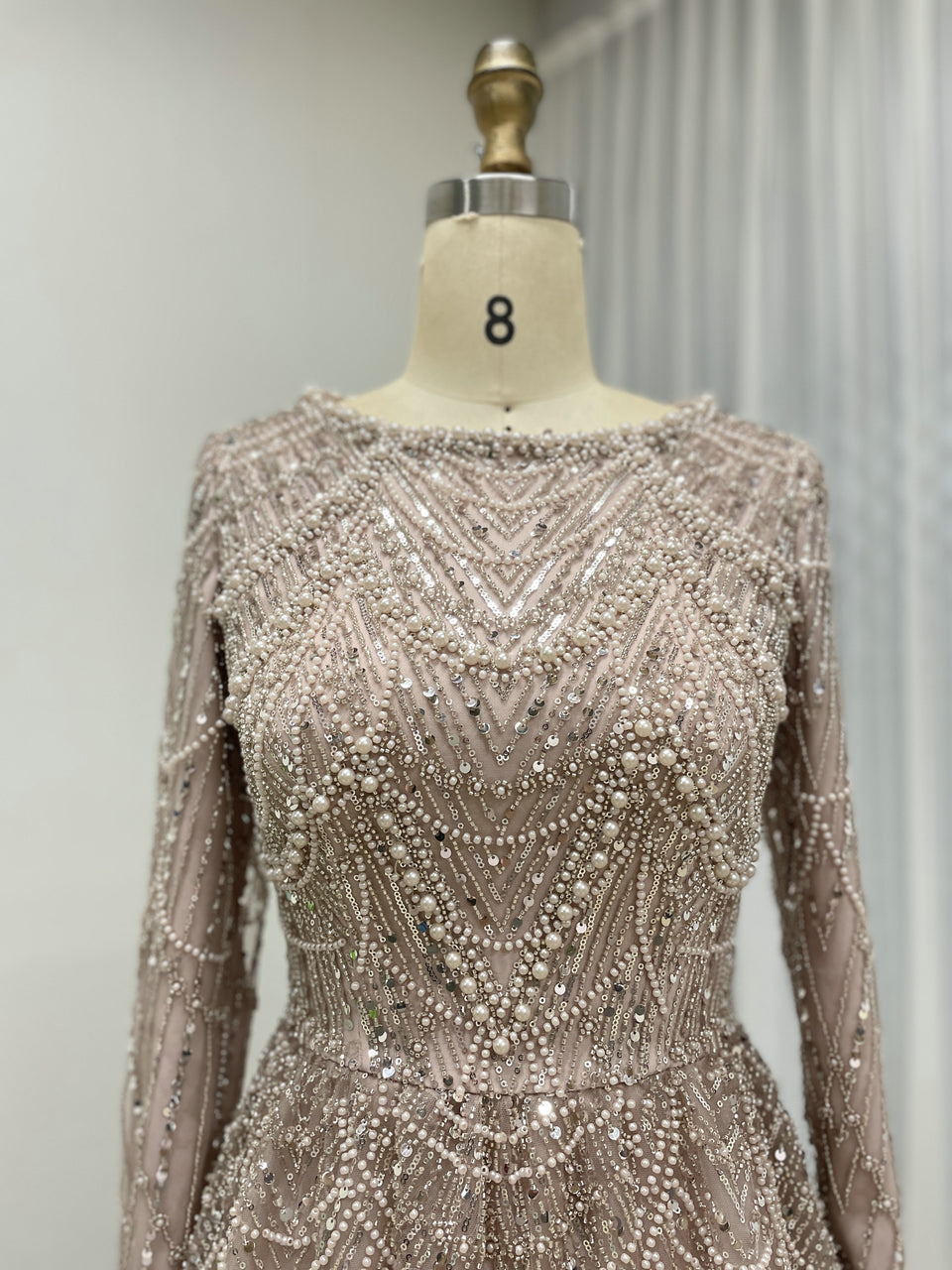 Modest Gold Sequin Pearl A-Line Prom Dress with Long Sleeves MY30183