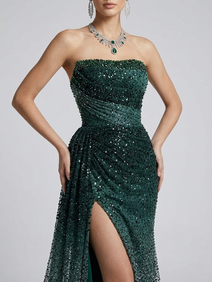 Emerald Green Ombre Sequin Strapless Evening Gown with Slit MY30184
