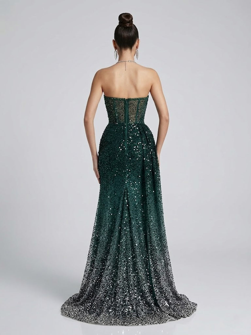 Emerald Green Ombre Sequin Strapless Evening Gown with Slit MY30184