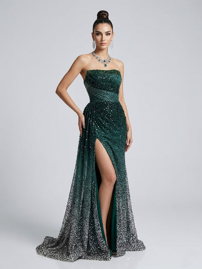 Emerald Green Ombre Sequin Strapless Evening Gown with Slit MY30184