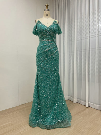 Sparkling Aqua Sequin Prom Dress Off-Shoulder Sweetheart Elegant Mermaid MY30185