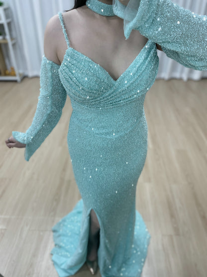 Blue Long Sleeve Mermaid Off Shoulder Prom Gown With High Slit MY30186