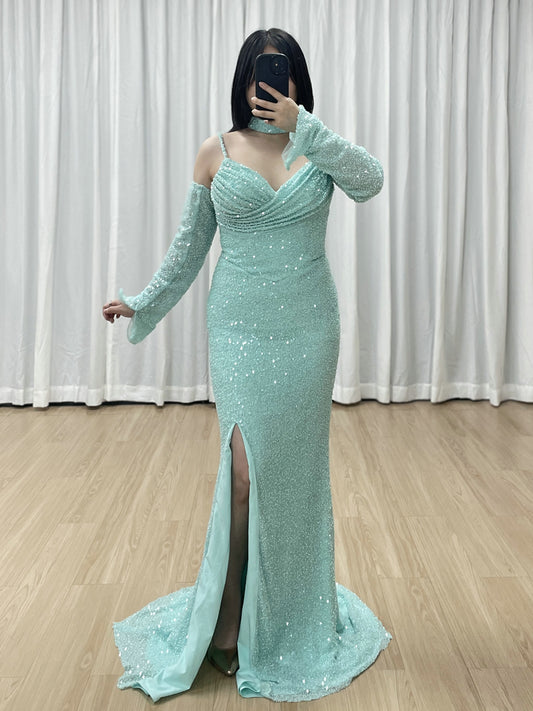 Blue Long Sleeve Mermaid Off Shoulder Prom Gown With High Slit MY30186