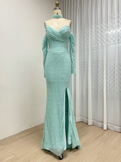 Blue Long Sleeve Mermaid Off Shoulder Prom Gown With High Slit MY30186