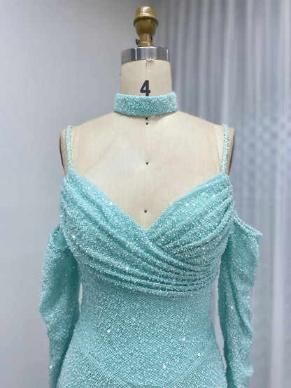 Blue Long Sleeve Mermaid Off Shoulder Prom Gown With High Slit MY30186