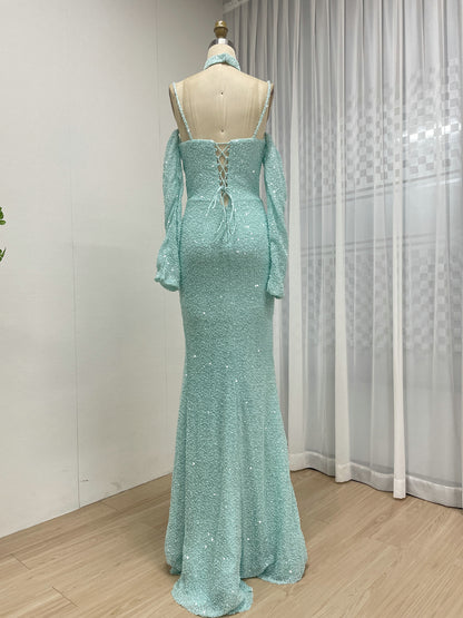 Blue Long Sleeve Mermaid Off Shoulder Prom Gown With High Slit MY30186