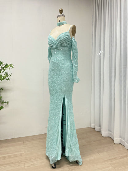 Blue Long Sleeve Mermaid Off Shoulder Prom Gown With High Slit MY30186