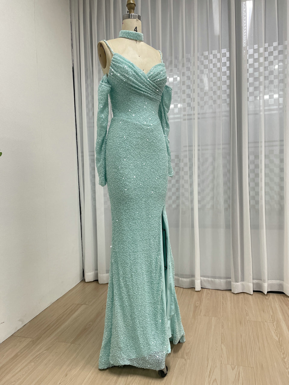 Blue Long Sleeve Mermaid Off Shoulder Prom Gown With High Slit MY30186