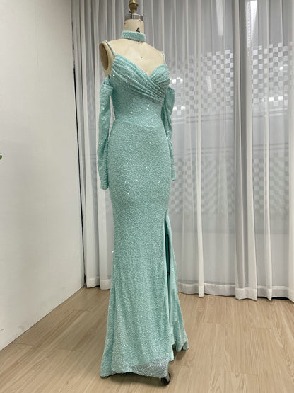 Blue Long Sleeve Mermaid Off Shoulder Prom Gown With High Slit MY30186
