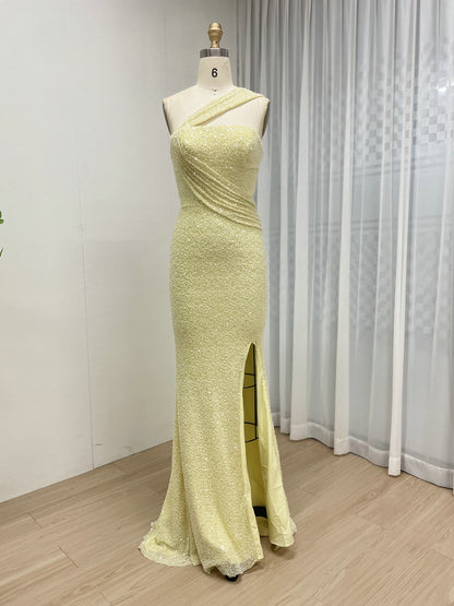 Yellow One-Shoulder Sequin Mermaid Evening Gown with High Slit MY30187