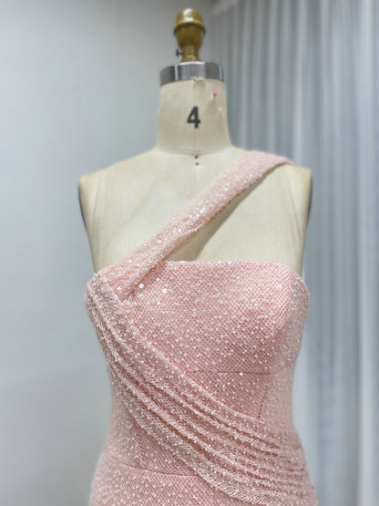 Yellow One-Shoulder Sequin Mermaid Evening Gown with High Slit MY30187