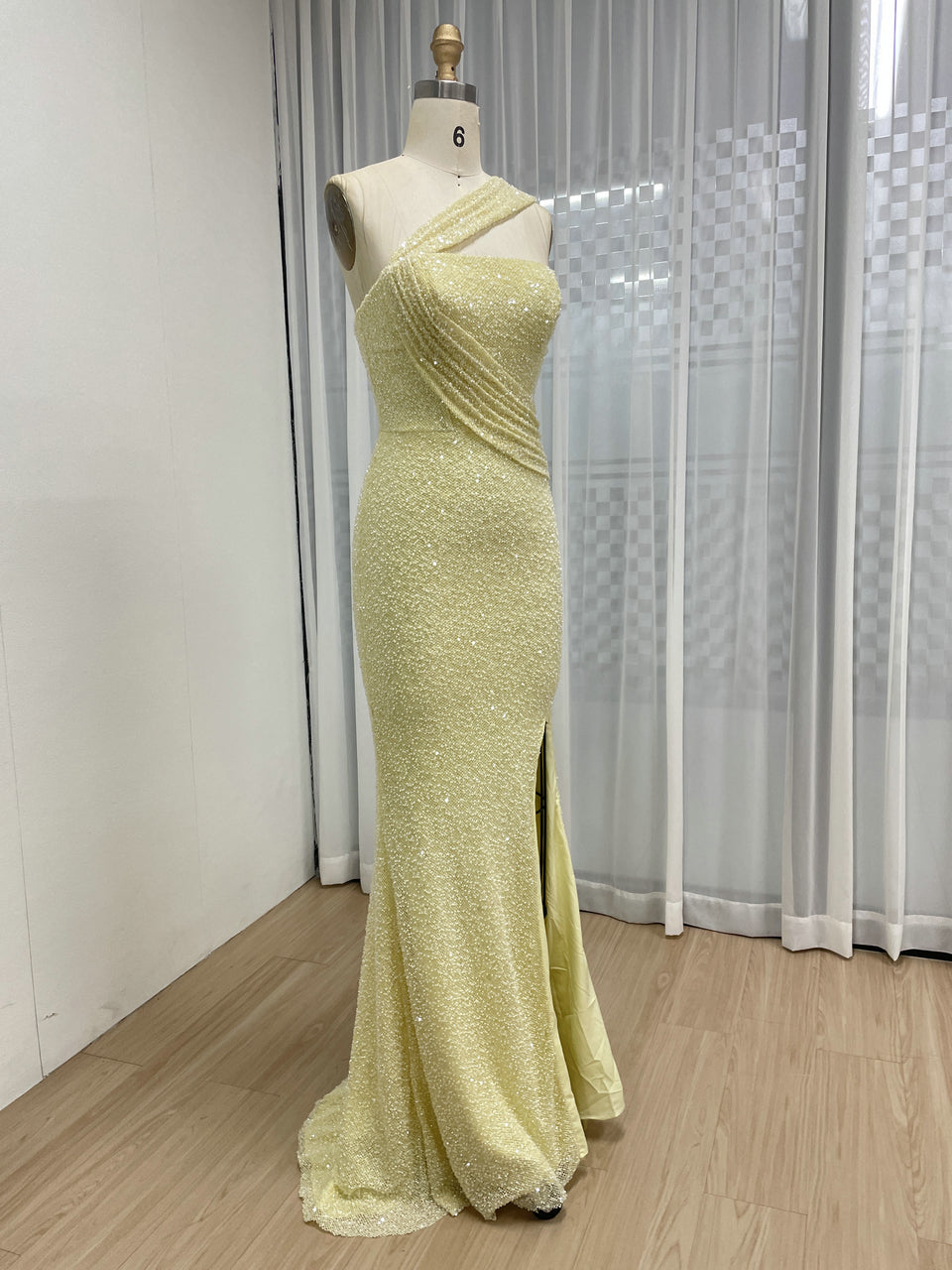 Yellow One-Shoulder Sequin Mermaid Evening Gown with High Slit MY30187