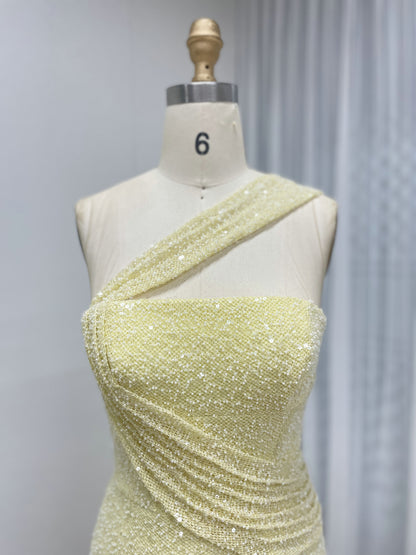 Yellow One-Shoulder Sequin Mermaid Evening Gown with High Slit MY30187