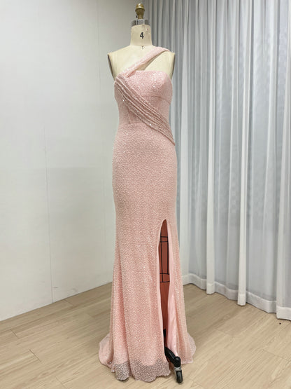 Yellow One-Shoulder Sequin Mermaid Evening Gown with High Slit MY30187