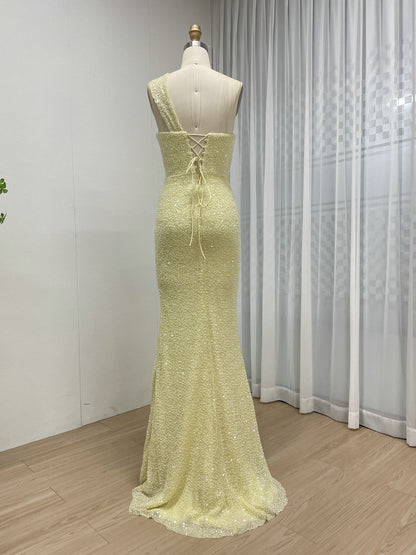 Yellow One-Shoulder Sequin Mermaid Evening Gown with High Slit MY30187