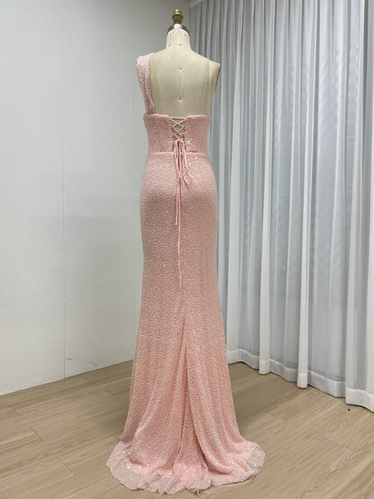 Yellow One-Shoulder Sequin Mermaid Evening Gown with High Slit MY30187