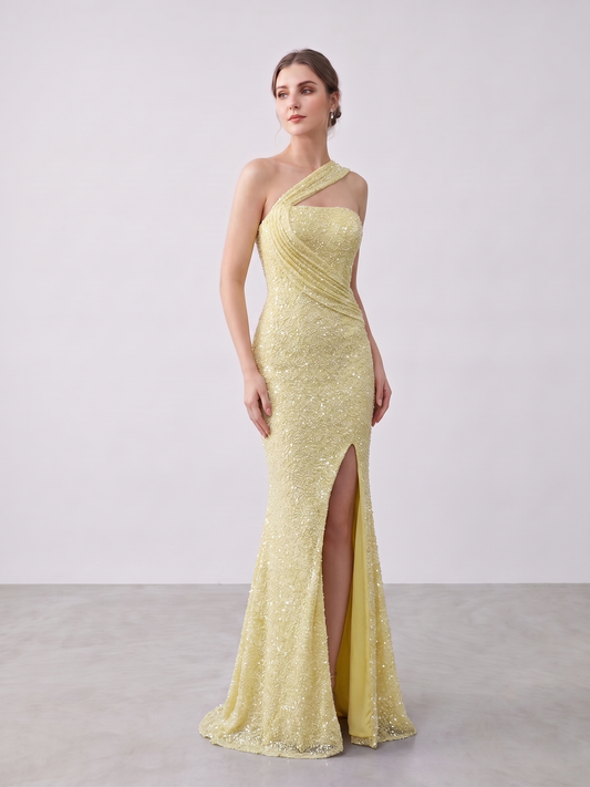 Yellow One-Shoulder Sequin Mermaid Evening Gown with High Slit MY30187