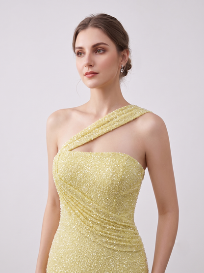 Yellow One-Shoulder Sequin Mermaid Evening Gown with High Slit MY30187