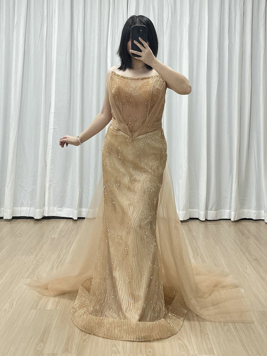 Gold Strapless Ruched Satin and Beaded Mermaid Evening Dress MY30188
