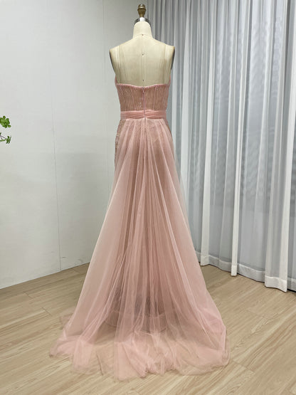 Gold Strapless Ruched Satin and Beaded Mermaid Evening Dress MY30188