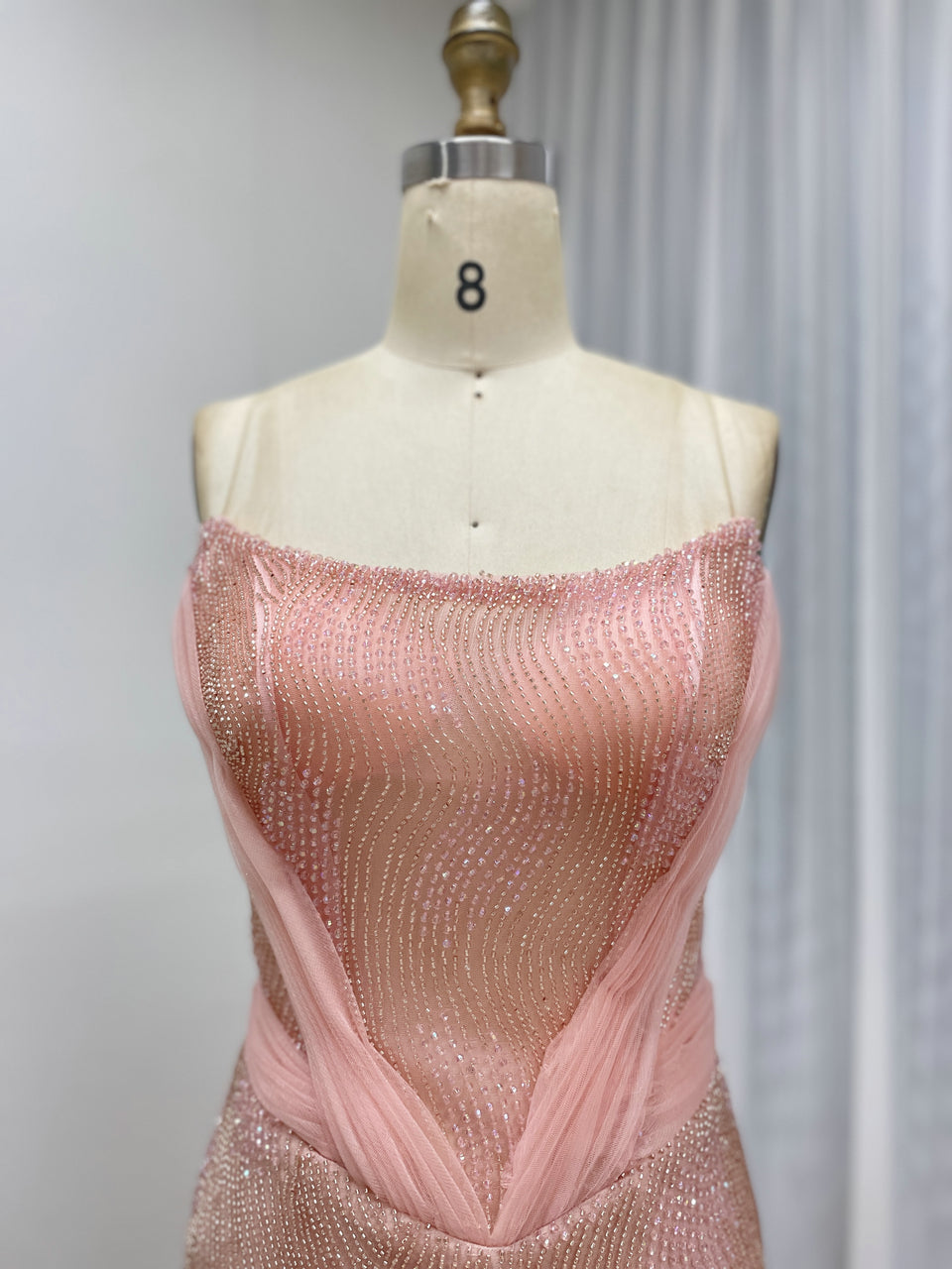 Gold Strapless Ruched Satin and Beaded Mermaid Evening Dress MY30188